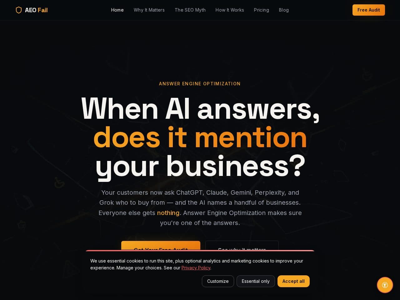 Screenshot of the AEO Fail homepage — this website