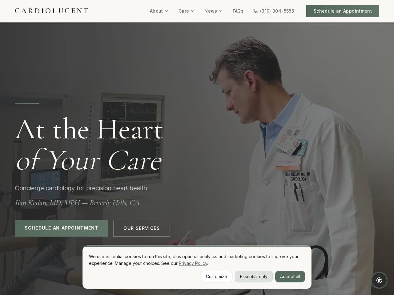 Screenshot of the Cardiolucent homepage — a concierge cardiology practice in Beverly Hills