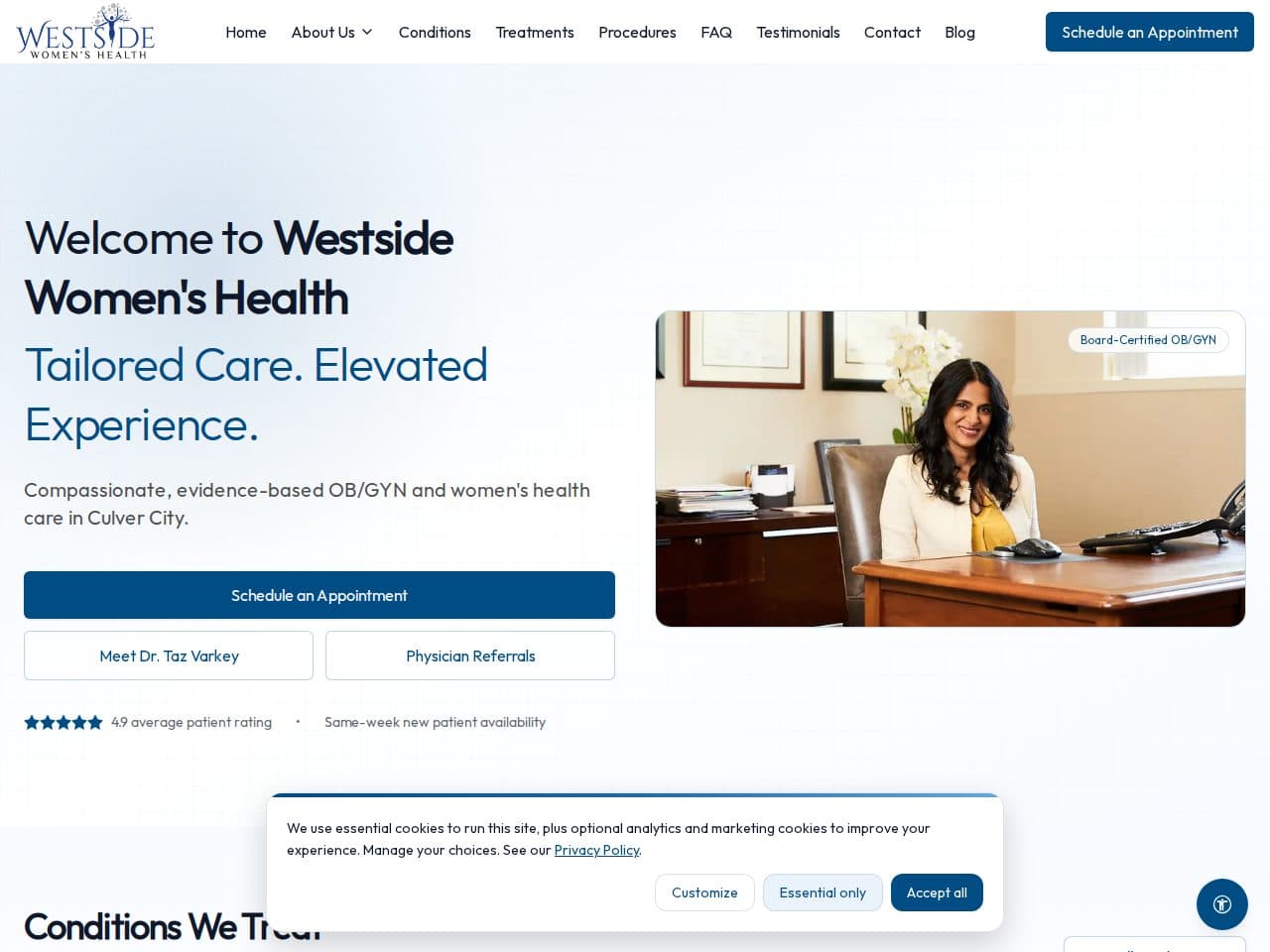 Screenshot of the Westside Women's Health homepage — a women's health practice in Culver City